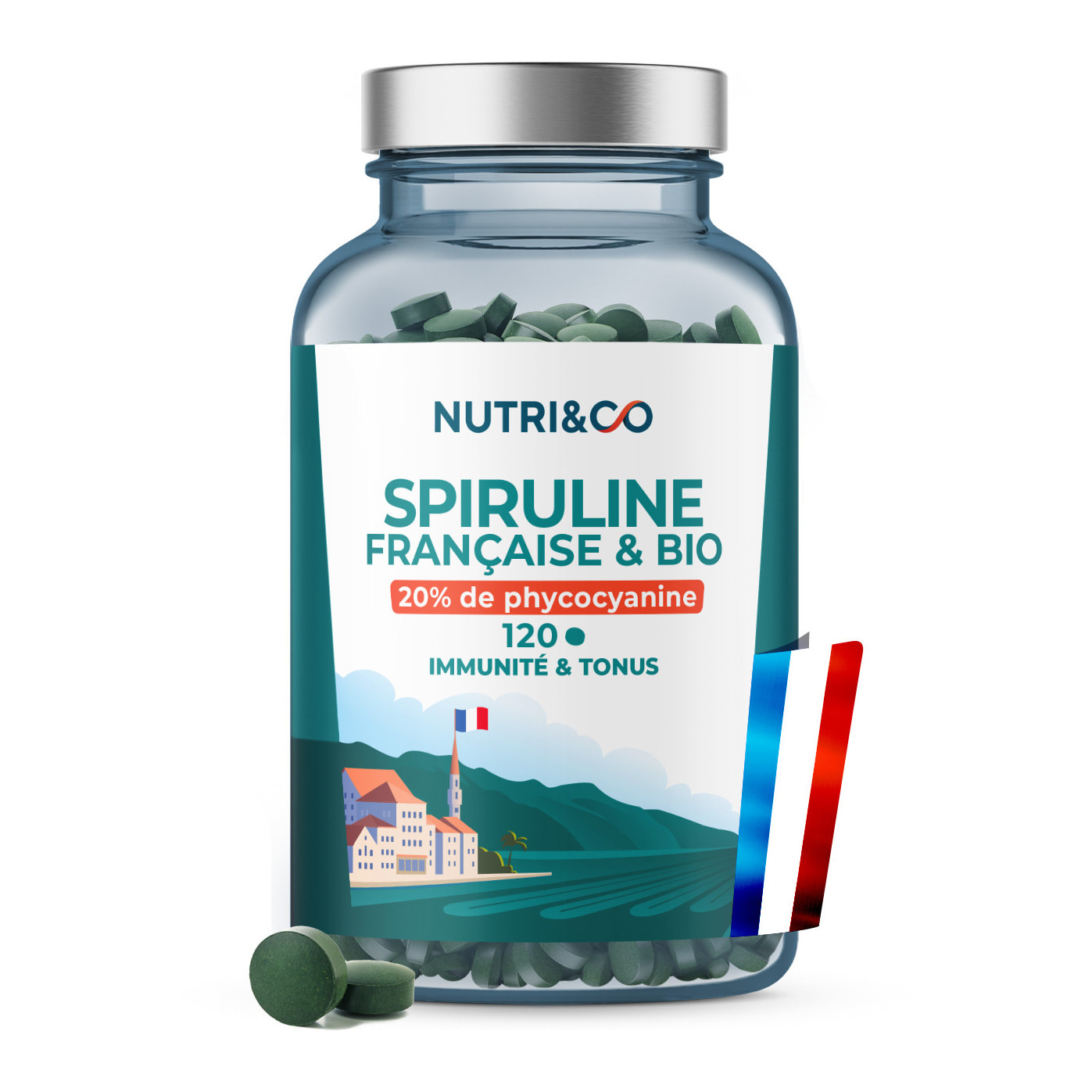 Nutri&Co Spiruline BIO 100% Française Cultivée en Provence - 120 comprimés Vegan