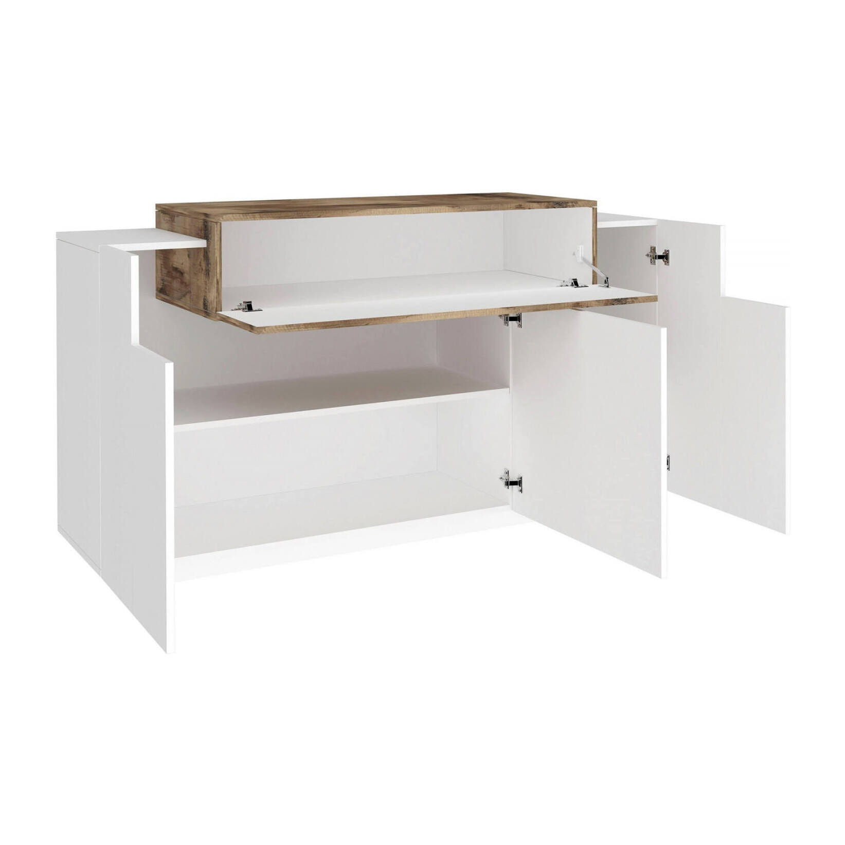 Credenza moderna, Madia di design a 4 ante, Made in Italy, Mobile Porta TV, Buffet da soggiorno, cm 140x45h86, colore Bianco lucido e Acero