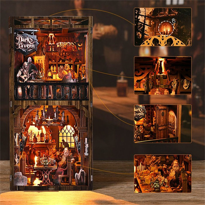 Bar antico. Book Nook in legno, design 3D realistico con grande dettaglio, copertura e luci a LED.