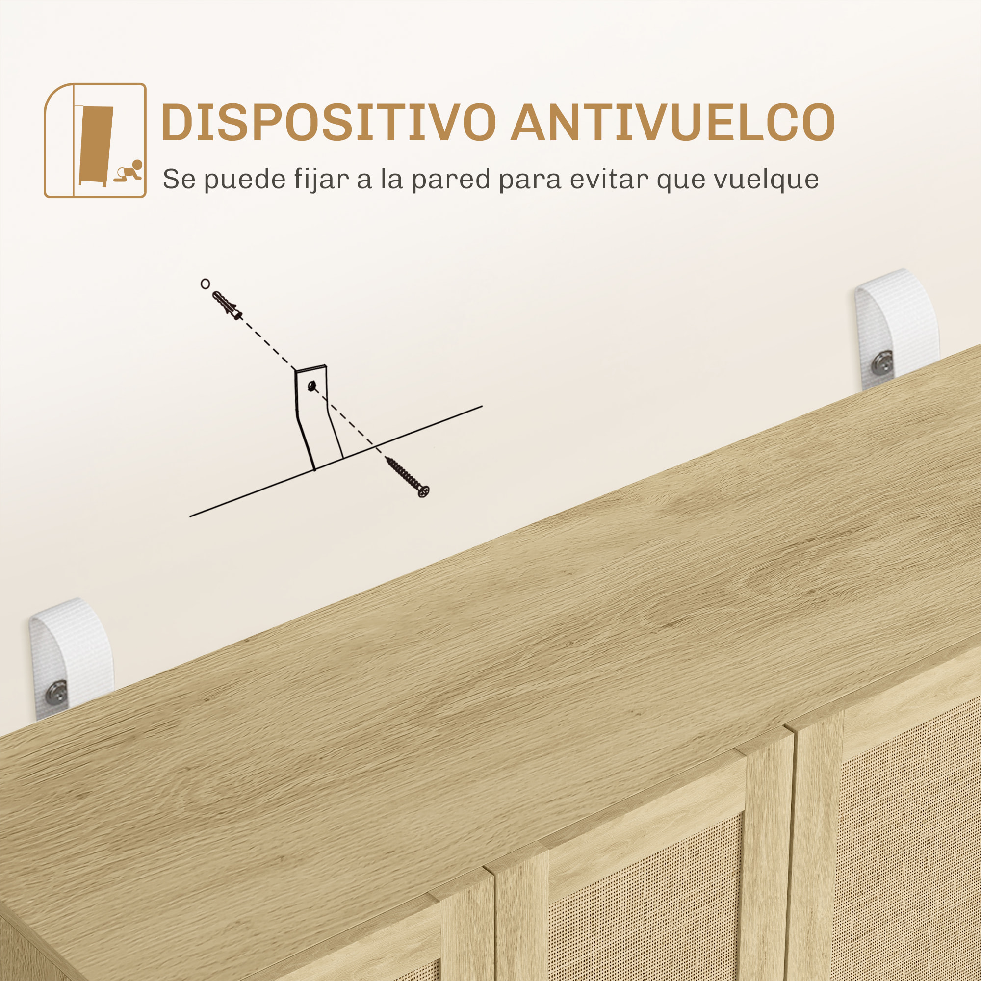 Aparador 4 Puertas de Rejilla de Ratán Aparador para Salón Nórdico con Estantes Ajustables para Comedor Entrada Dormitorio Natural 120x39,5x76 cm