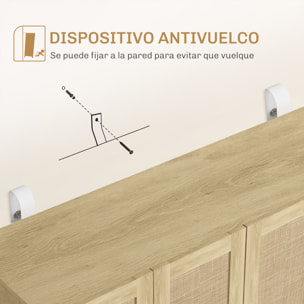 Aparador 4 Puertas de Rejilla de Ratán Aparador para Salón Nórdico con Estantes Ajustables para Comedor Entrada Dormitorio Natural 120x39,5x76 cm