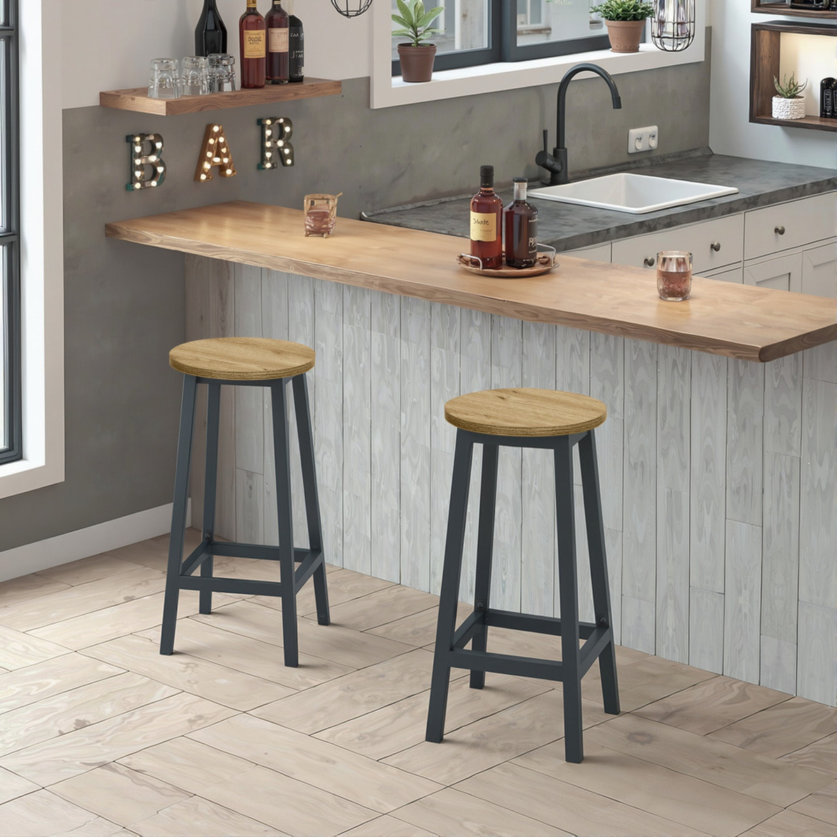 Sgabello bar Artisan in legno e acciaio nero
