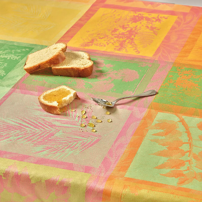 Nappe pur coton enduit motif jacquard multicolore Mille vegetaux arc en ciel