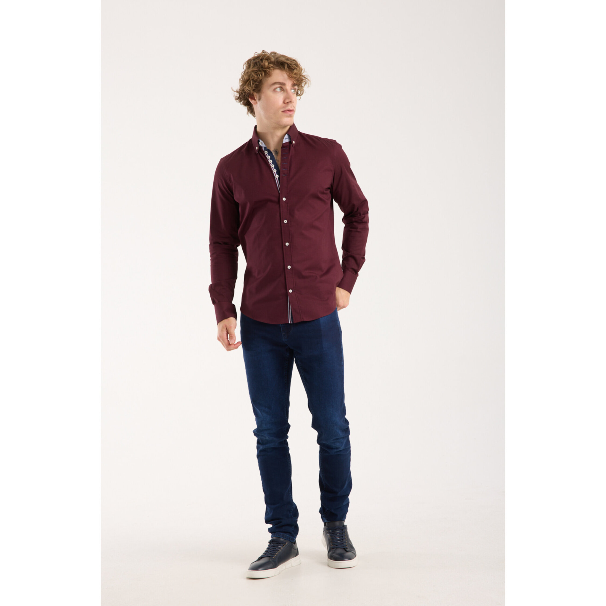 Camicia Uomo 1 Bottoni Button Down Slim Popeline Stretch Unito Bordeaux