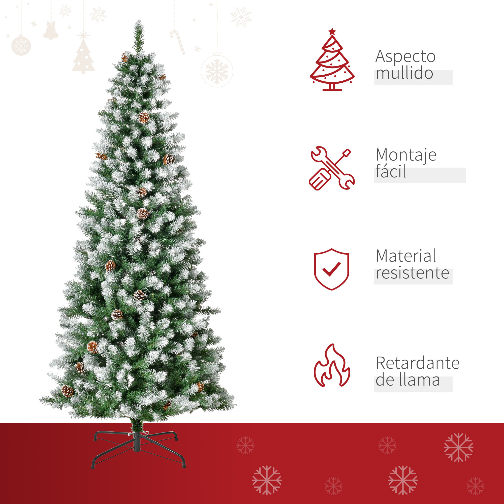 HOMCOM Árbol de Navidad Artificial Ø75x180cm con 630 Puntas de PVC y 37 Piñas Decoración de Interior con Base Plegable y Soporte de Acero Verde