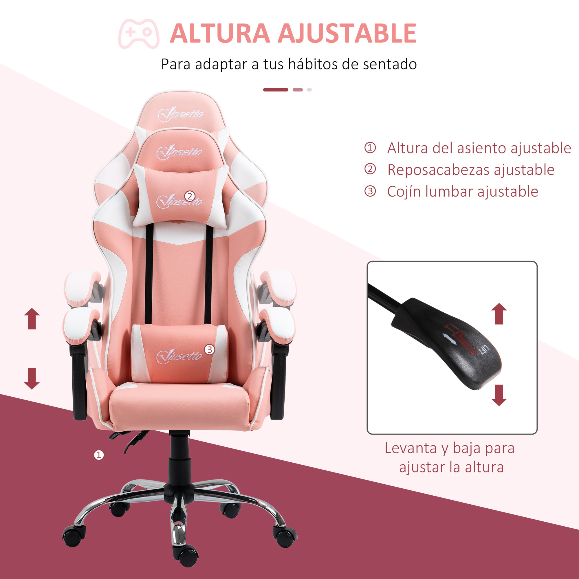 Silla Gaming Ergonómica Silla de Escritorio Racing Giratoria con Altura Ajustable Reclinable de 135° Reposacabezas y Cojín Lumbar para Oficina Estudio 63x67x122-130 cm Rosa