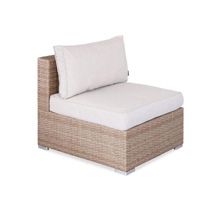 Salon de jardin en résine tressée - Napoli - Beige. Coussins Beige - 5 places - 2 fauteuils sans accoudoir. 3 fauteuils d'angle. une table basse