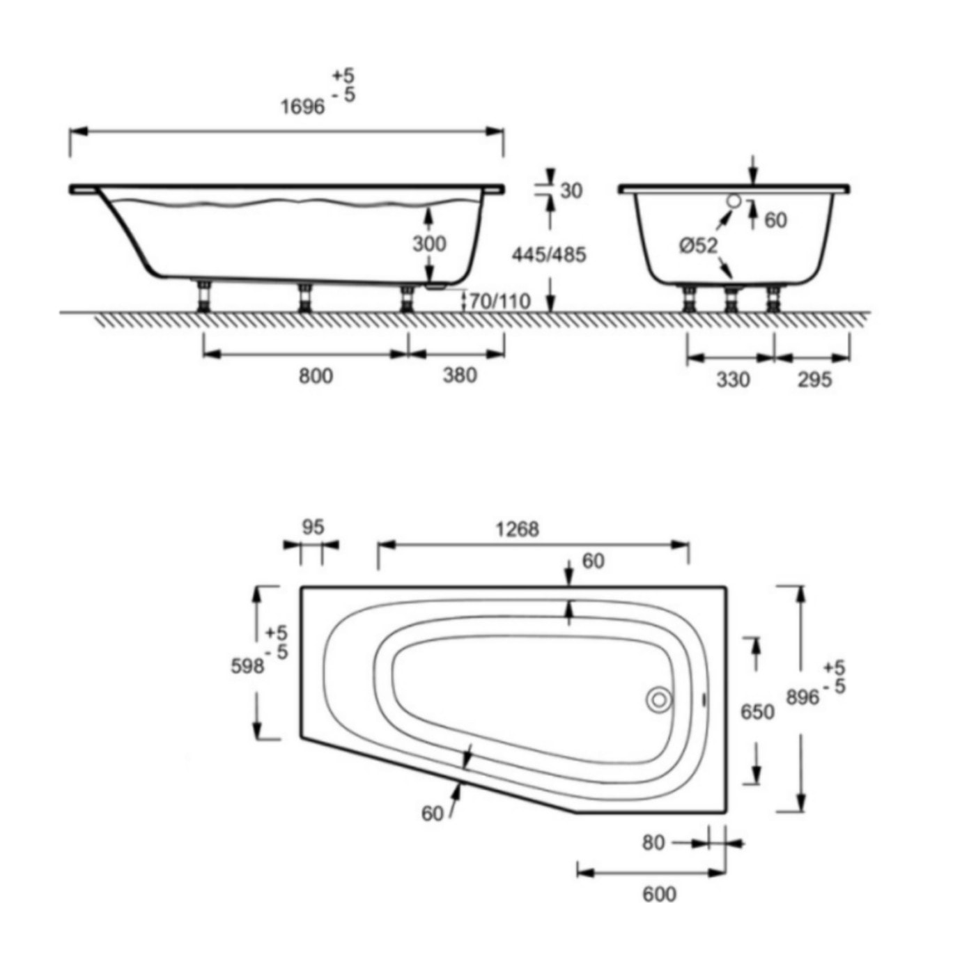 Pack baignoire bain douche 170 x 90 Bastille vidage à droite blanc mat + tablier en angle