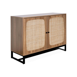 Buffet rétro décor bois foncé et cannage. buffet haut. vaisselier. 2 portes avec pieds en métal noir L100cm