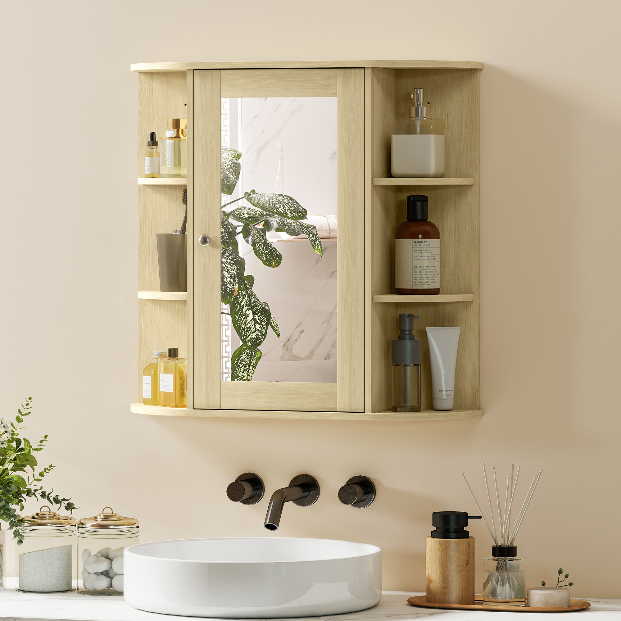 Armario de Baño con Espejo, Armario de Pared con Puerta, Estantes Abiertos, Mueble de Baño Colgar para Cocina, Salón, 66x17x63 cm, Natural