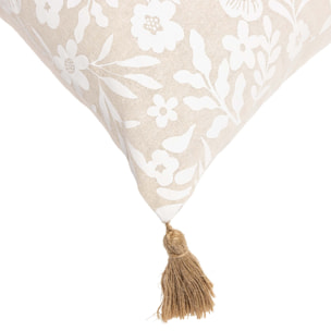 Coussin polycoton imprimé floral à pompons - Naturel
