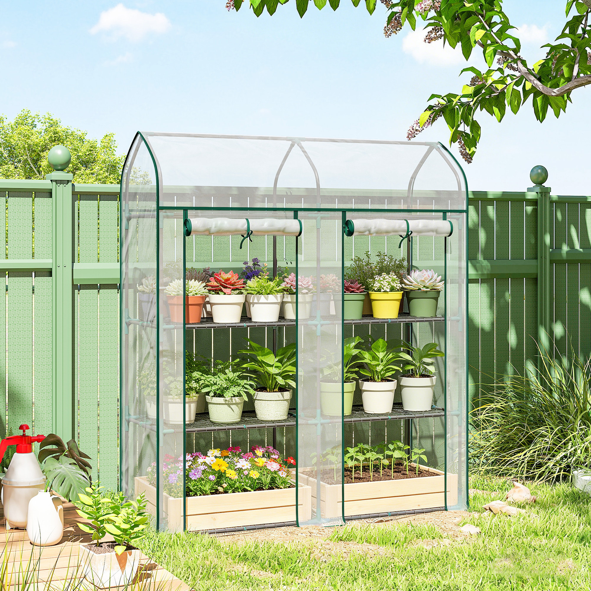 Serre de jardin étagères 3 niveaux châssis acier bâche PVC transparent