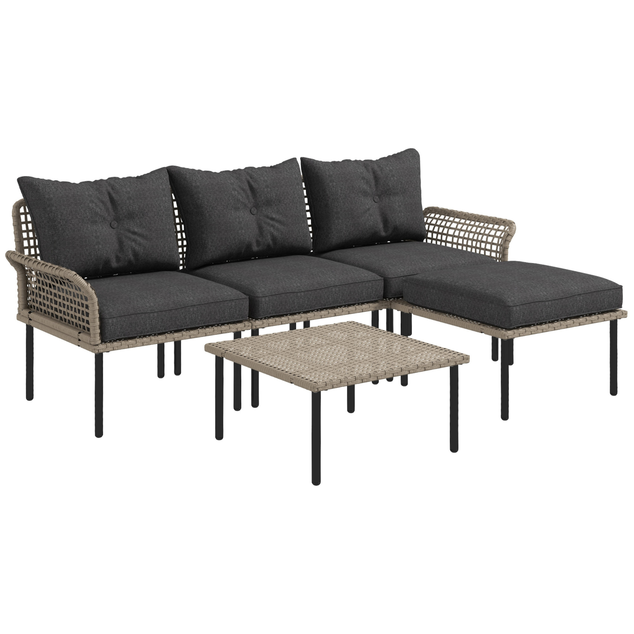 Outsunny Conjunto de Jardín de Ratán Sintético Juego de 5 Piezas Muebles de Jardín con 2 Sofás Esquineras 1 Sofá de Exterior 1 Taburete 1 Mesa de Centro y Cojines para Terraza Patio Gris