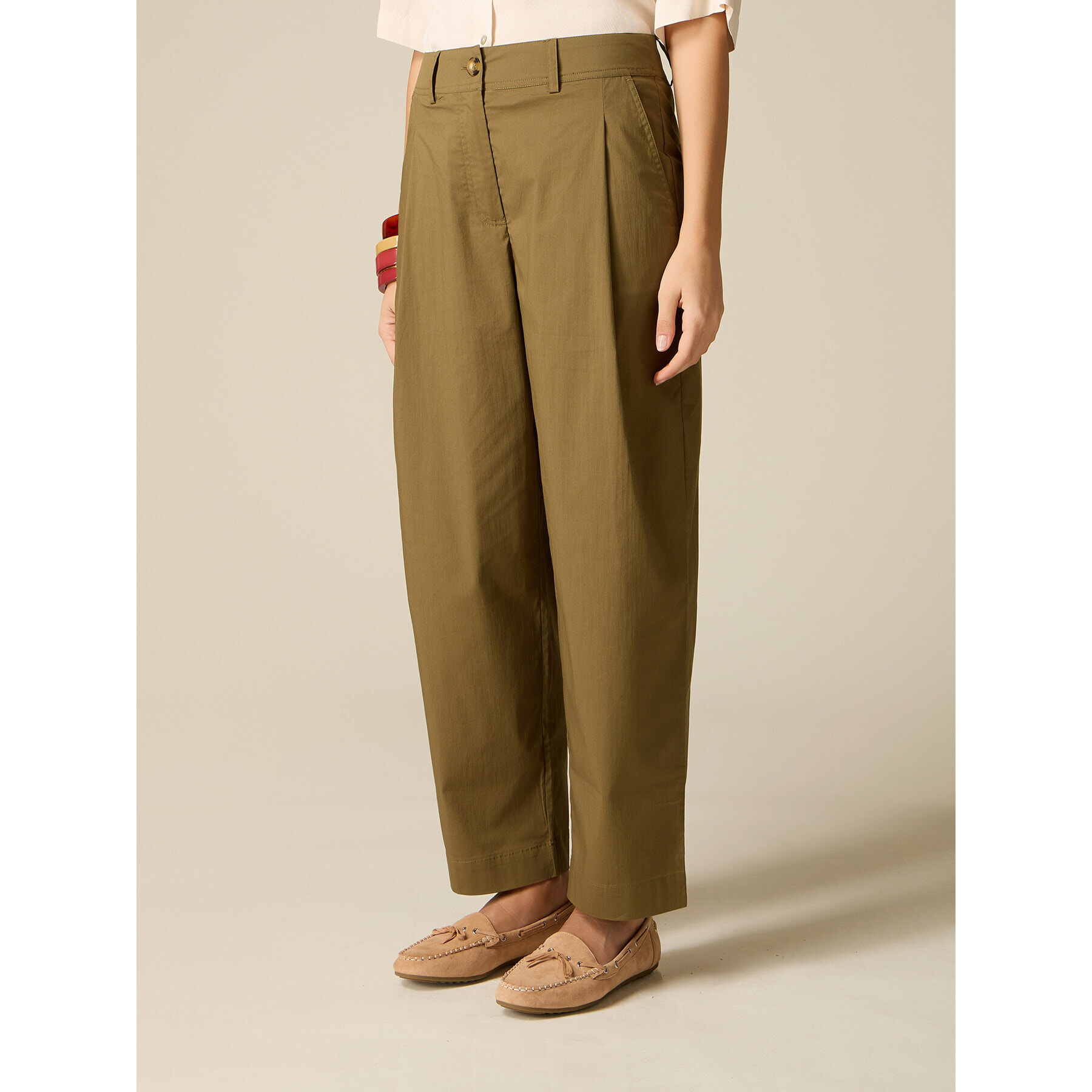 Oltre - Pantaloni cropped in popeline - Verde militare