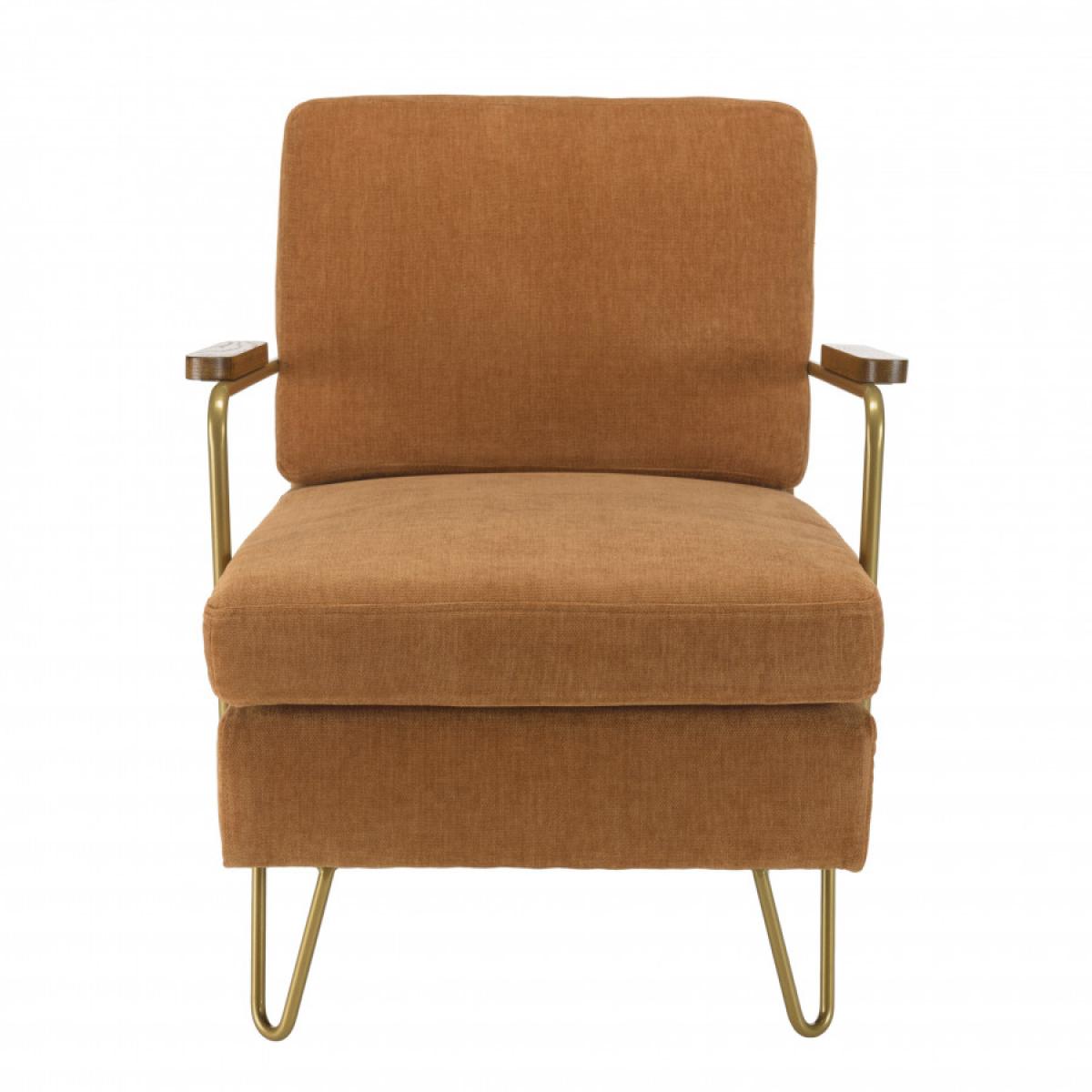 ALBANE - Fauteuil lounge tissu orange métal doré accoudoirs bois