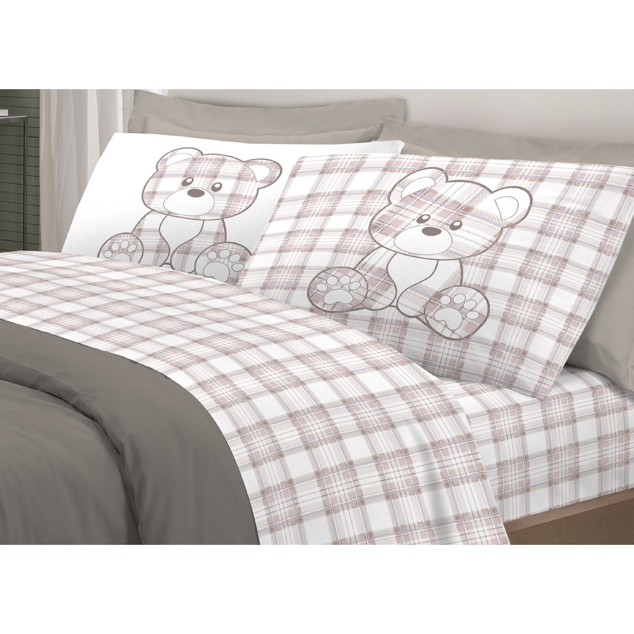 Completo Lenzuola In 100% Cotone Orsetto Tartan Primavera