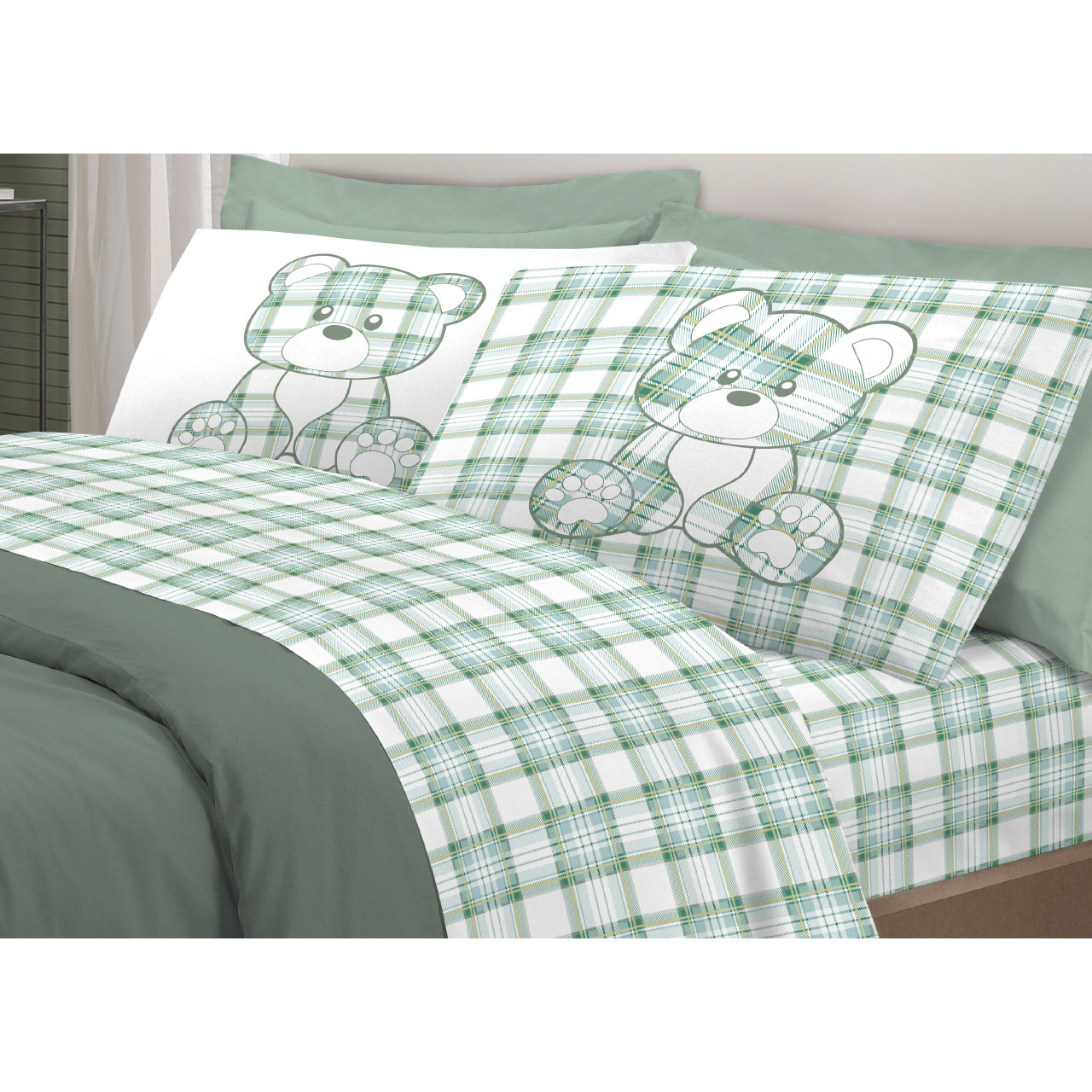 Completo Lenzuola In 100% Cotone Orsetto Tartan Primavera