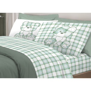 Completo Lenzuola In 100% Cotone Orsetto Tartan Primavera