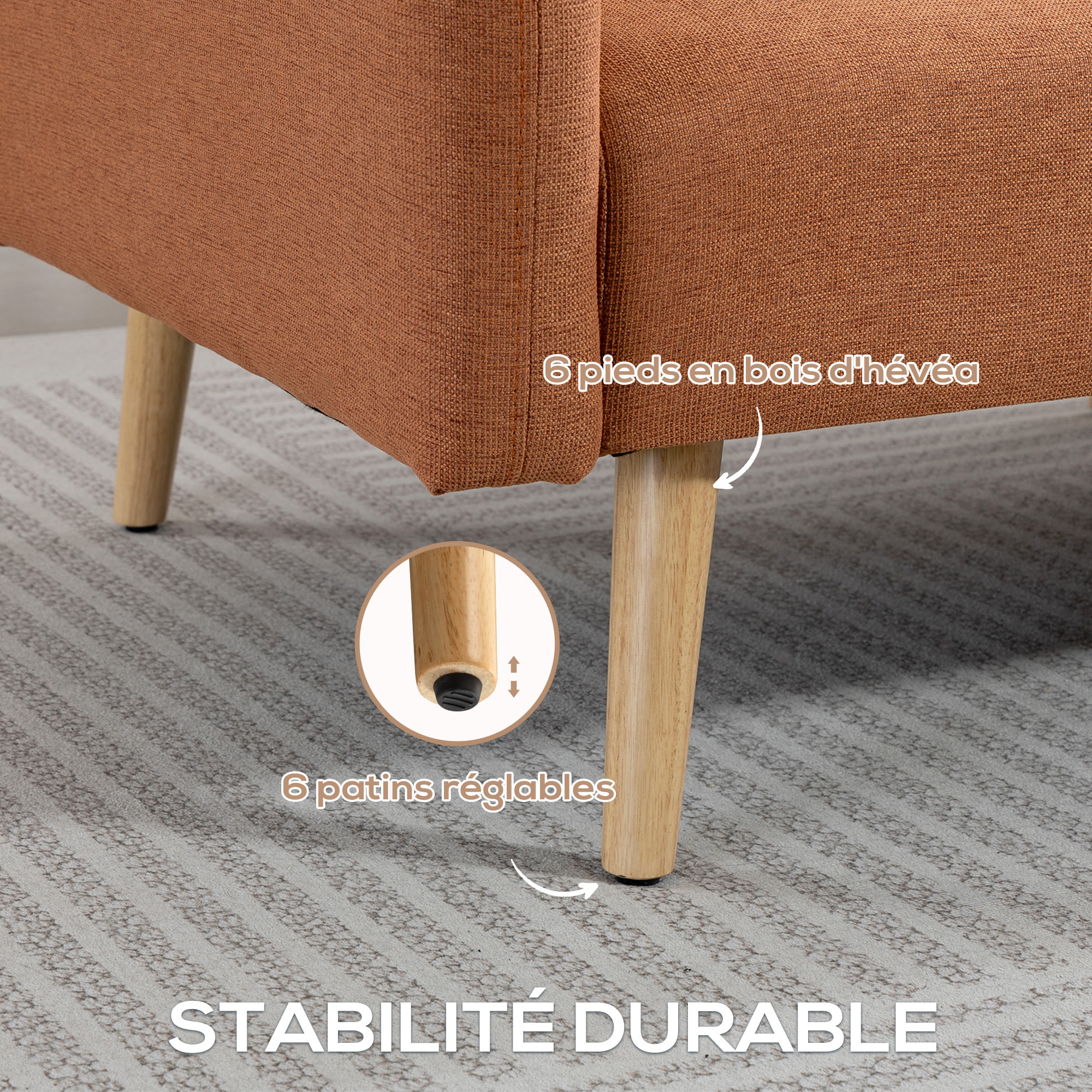 Canapé convertible 2 places design scandinave dossier inclinable 3 positions pieds bois tissu aspect lin ocre havane