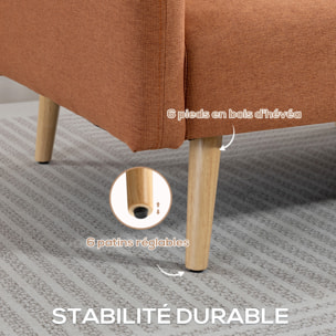 Canapé convertible 2 places design scandinave dossier inclinable 3 positions pieds bois tissu aspect lin ocre havane