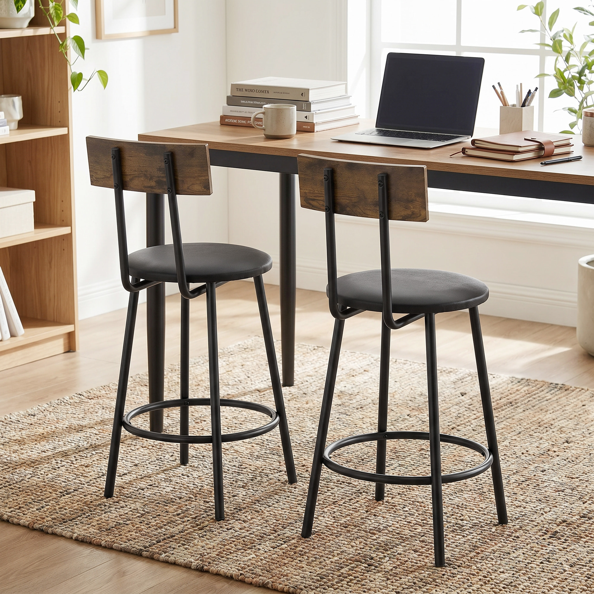 Juego de 2 Taburetes de Bar, Taburetes Altos de Cocina con Respaldo y Reposapiés, Tapizados en PU, Marco Metálico, Asiento de 60 cm de Altura, Negro