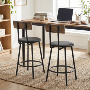 Juego de 2 Taburetes de Bar, Taburetes Altos de Cocina con Respaldo y Reposapiés, Tapizados en PU, Marco Metálico, Asiento de 60 cm de Altura, Negro