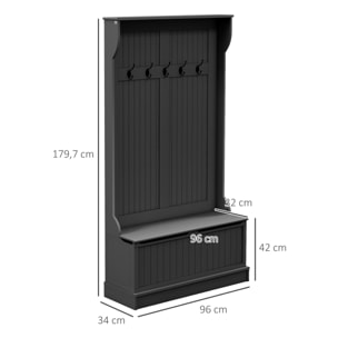 Perchero Zapatero, Perchero Entrada Recibidor con Banco de Almacenamiento y 5 Ganchos, Estilo Moderno, para Pasillo Dormitorio, 96x34x179,7 cm, Negro