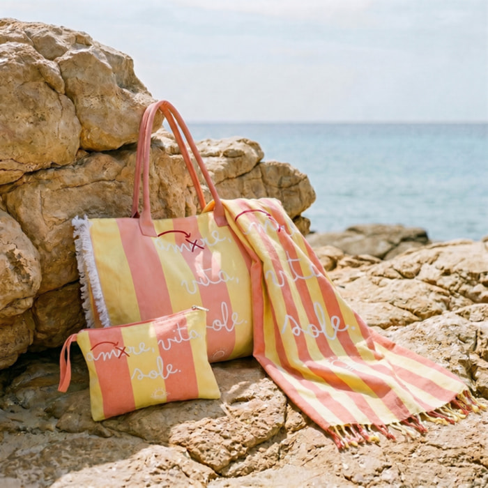 Set Mare Donna 3 Pezzi, Telo Mare con Borsa e Pochette Coordinata, Shopper Mare XL con Zip, Telo Maxi in Cotone con Frange, Accessori Mare Eleganti per Spiaggia Piscina Vacanze Resort