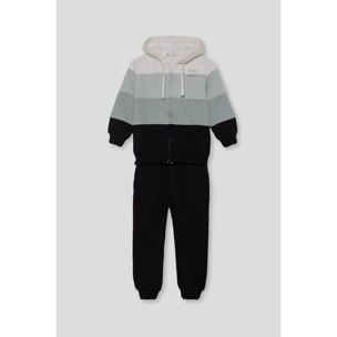 Conjunto niño chaqueta con capucha negro, verde y crudo de franjas anchas y pantalón jogger | Color: Negro | Street Monkey