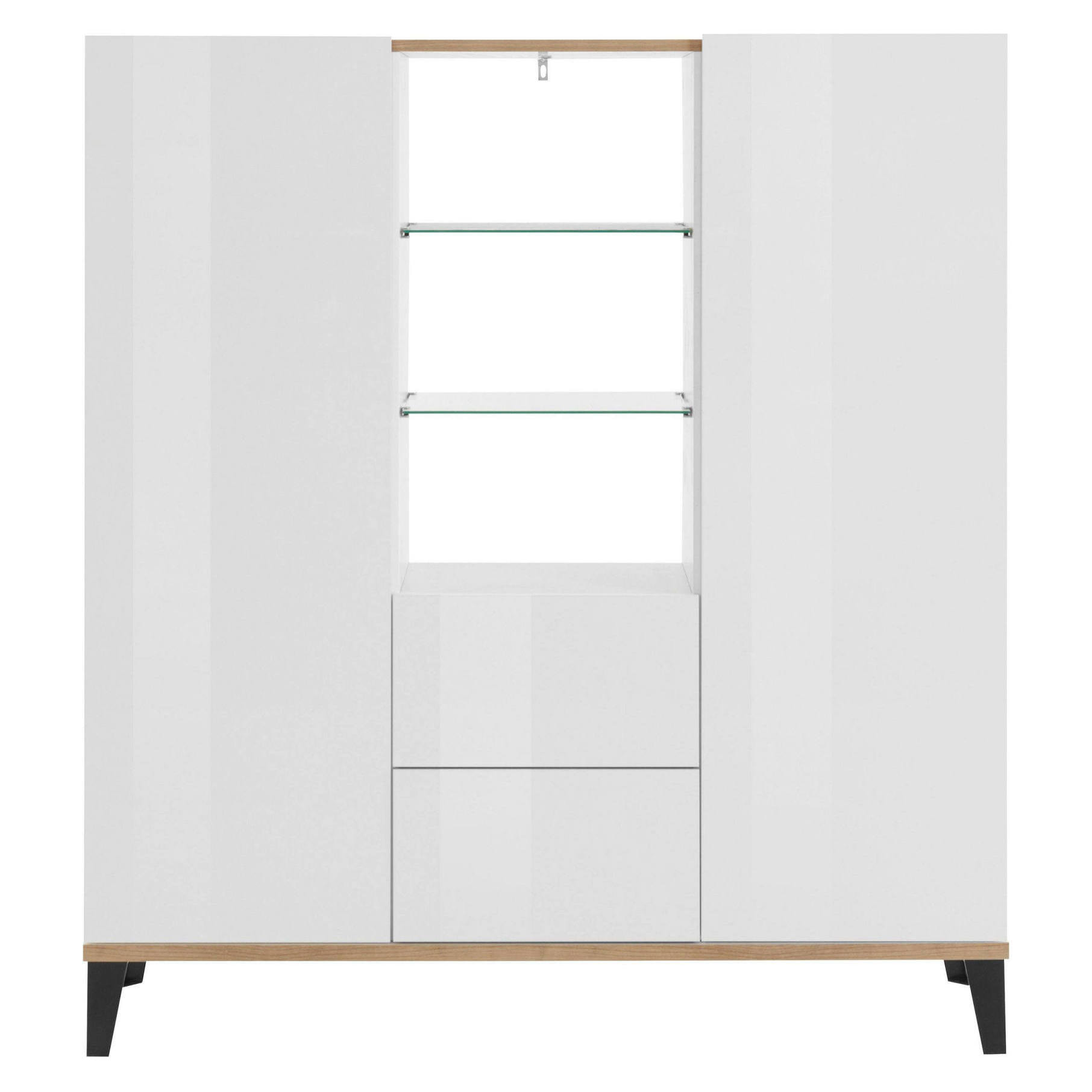 Credenza moderna a 2 ante e 2 cassetti, Made in Italy, Madia con ripiani, Buffet di design da ingresso, Cm 120x40h133, Bianco lucido e Acero