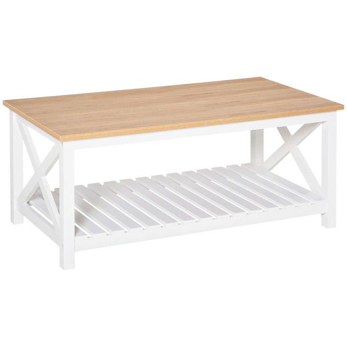 Mesa de Centro para Salón Mesa de Café con Estante de Almacenamiento Inferior para Dormitorio 116x60x48 cm Natural y Blanco