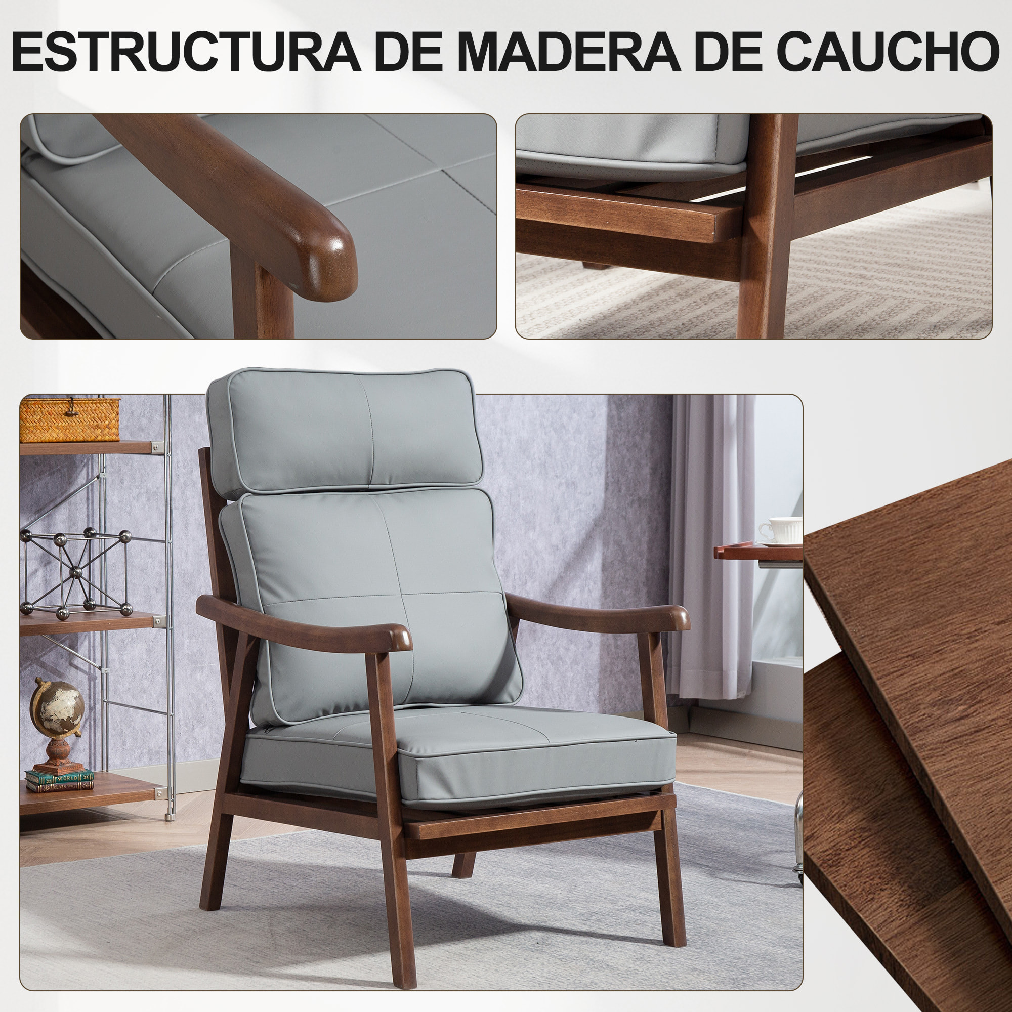 Butaca de Salón Sillón de Salón Tapizado en PU con Marco de Madera Cojines Acolchados Gruesos Respaldo Alto Carga 150 kg Sillón Lectura para Sala de Estar Dormitorio Gris y Madera Nogal