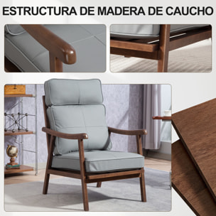 Butaca de Salón Sillón de Salón Tapizado en PU con Marco de Madera Cojines Acolchados Gruesos Respaldo Alto Carga 150 kg Sillón Lectura para Sala de Estar Dormitorio Gris y Madera Nogal