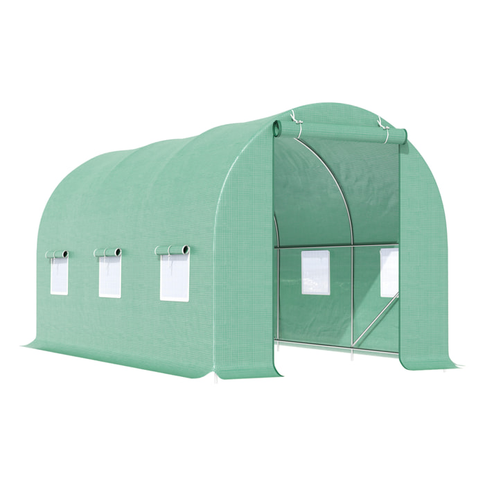 Serre de jardin tunnel 4,5L x 2l x 2H m châssis tubulaire acier galvanisé renforcé 1,8 cm 6 fenêtres 1 porte vert