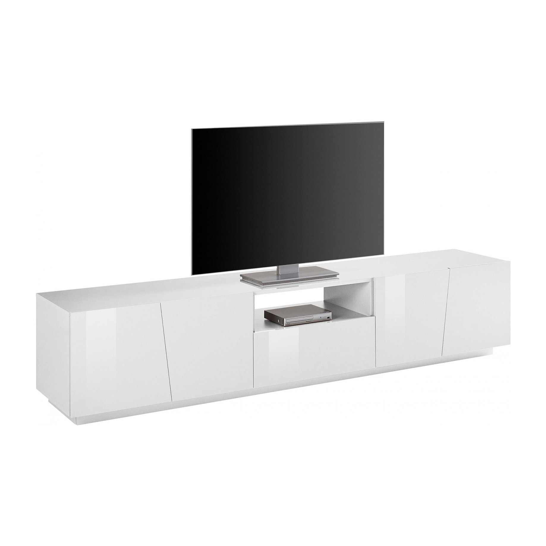 Mobile da soggiorno Porta TV, Made in Italy, Supporto per TV da salotto a 4 ante e 1 cassetto, cm 220x43h46, colore Bianco lucido