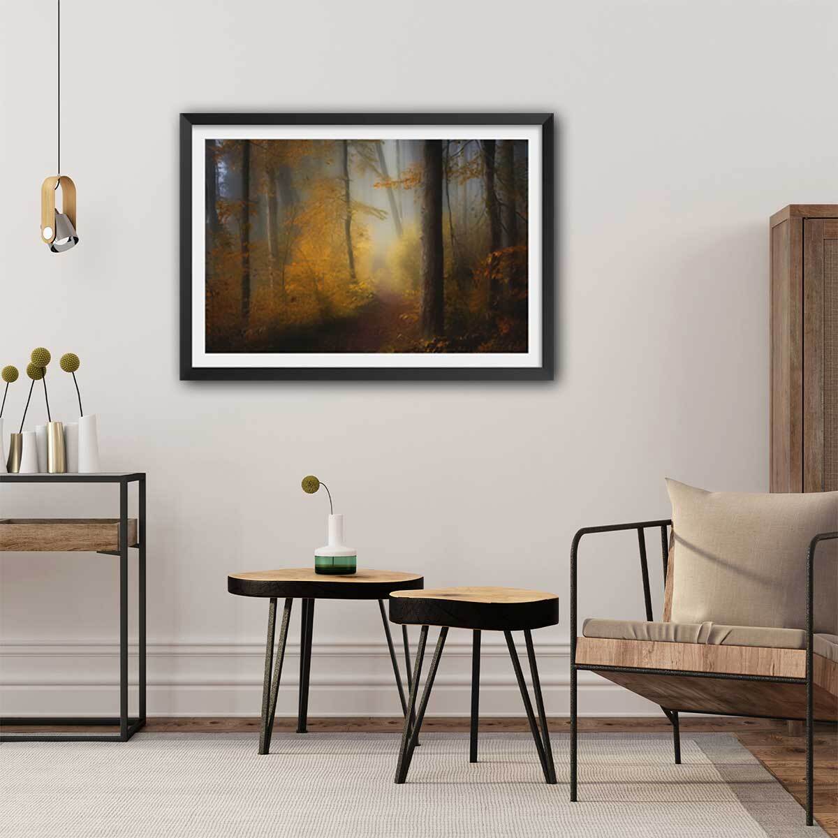 Affiche l'arbre et l'automne rouge Affiche sous cadre noir