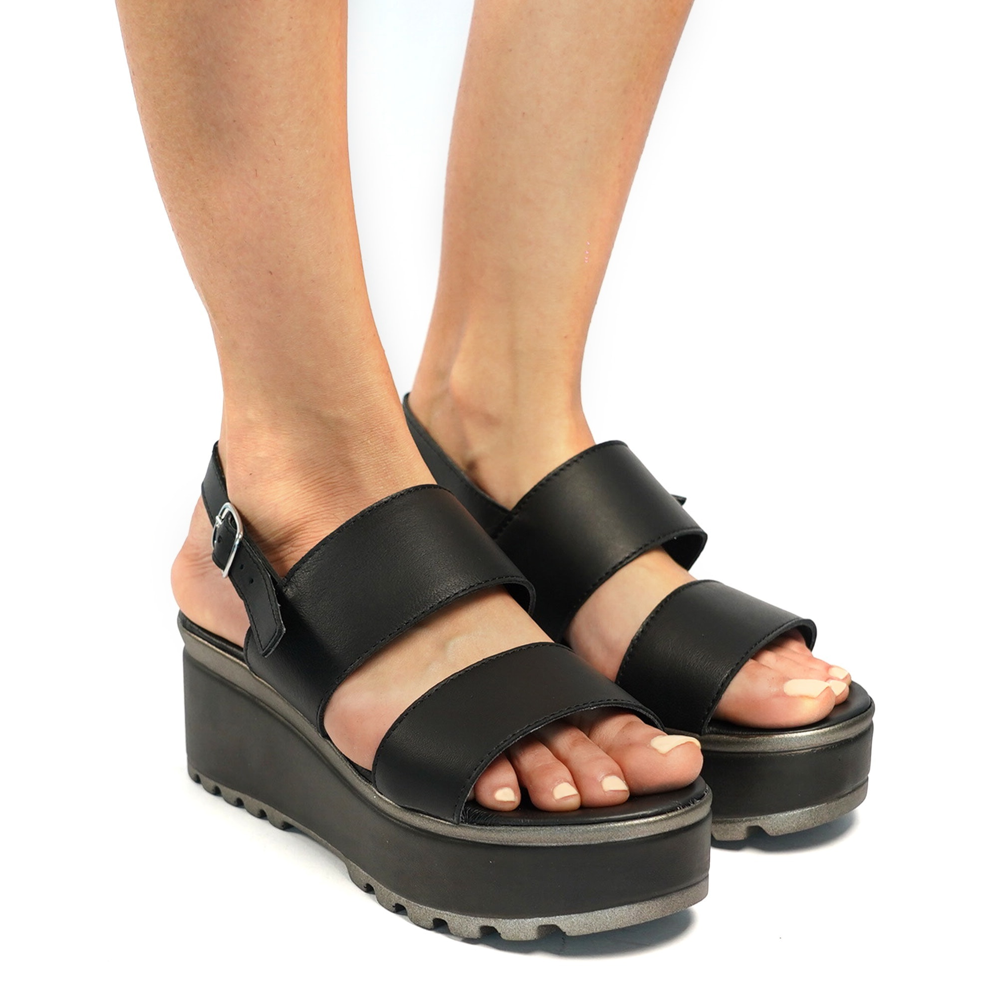 SANDALO DOPPIA FASCIA VERA PELLE NERO