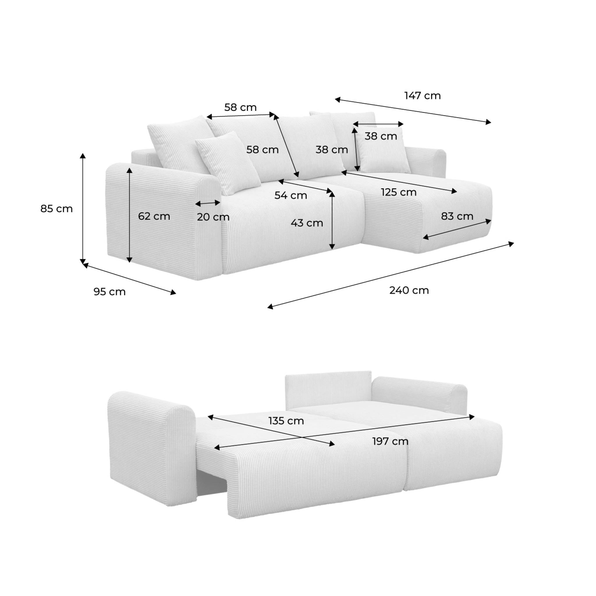 Canapé d'angle convertible réversible 3 places velours côtelé  ALMO