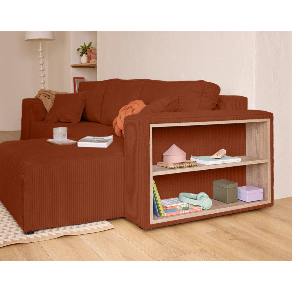 Topaze - canapé d'angle réversible 4 places - convertible avec coffre, tablette et poufs - en velours côtelé - Terracotta