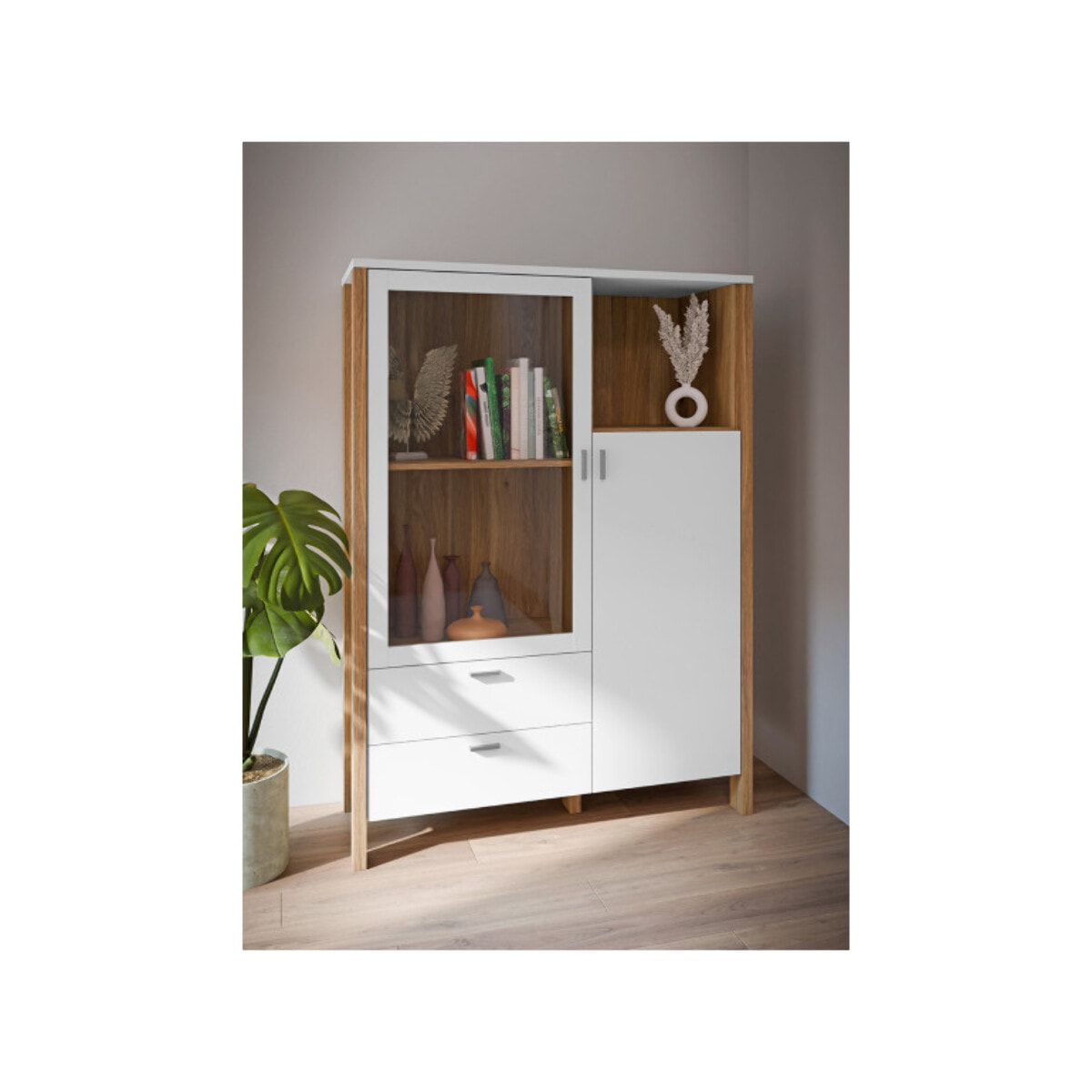 Armoire vitrée H152 cm 2 tiroirs 2 portes décor et gris clair - BOLERO