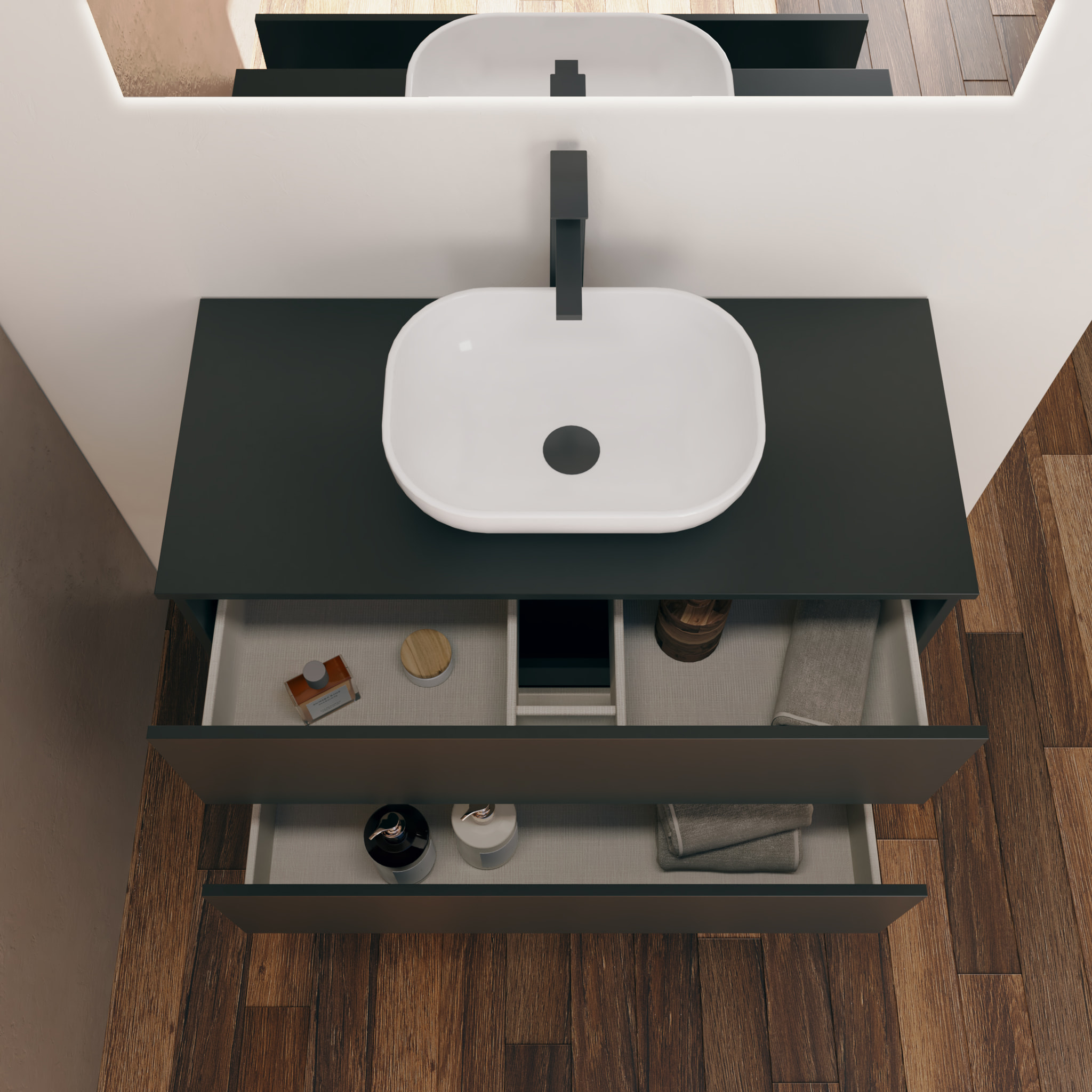 Ensemble Salle de Bain Kaji | 100 cm Noire | Deux Tiroirs | Lavabo Rond sur Plan | N'inclut pas le Miroir | Alday