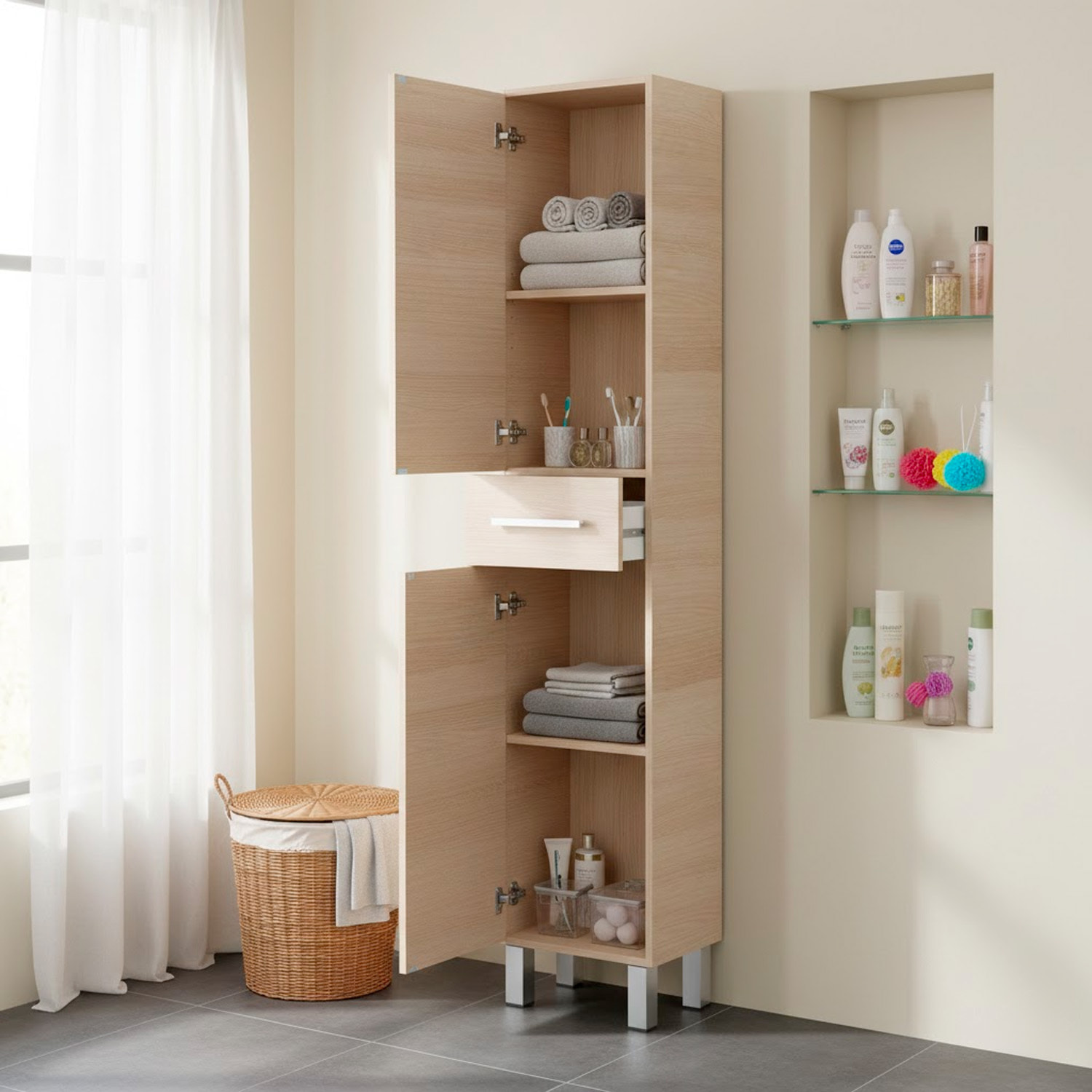 Mobile Alto Da Bagno Con 2 Ante E Cassetto Colonna Mobiletto Armadietto Salvaspazio In Melamina Lavanderia 182 x 35 x 30.5 Cm Rovere