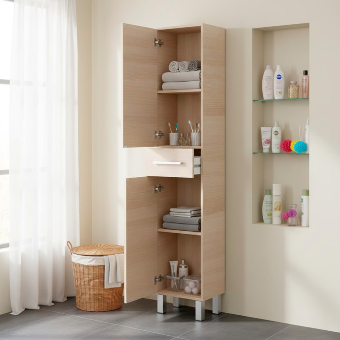 Mobile Alto Da Bagno Con 2 Ante E Cassetto Colonna Mobiletto Armadietto Salvaspazio In Melamina Lavanderia 182 x 35 x 30.5 Cm Rovere
