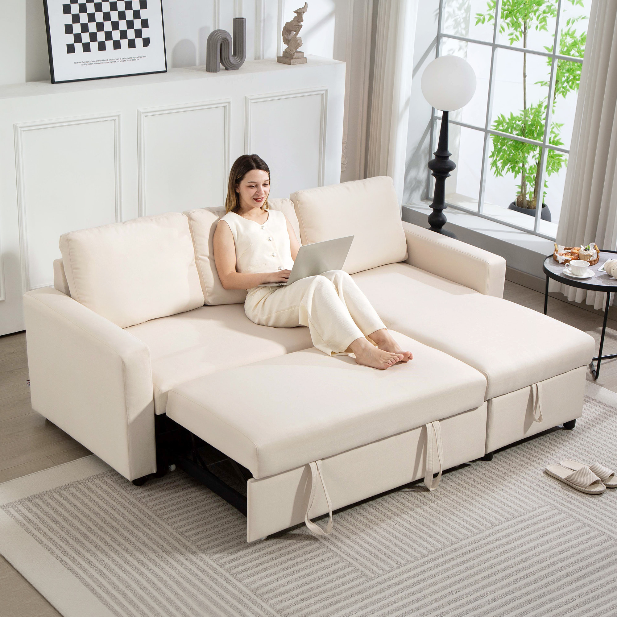 Canapé d'angle 3 places convertible réversible - coffre intégré - garnissage mousse haute densité - tissu beige