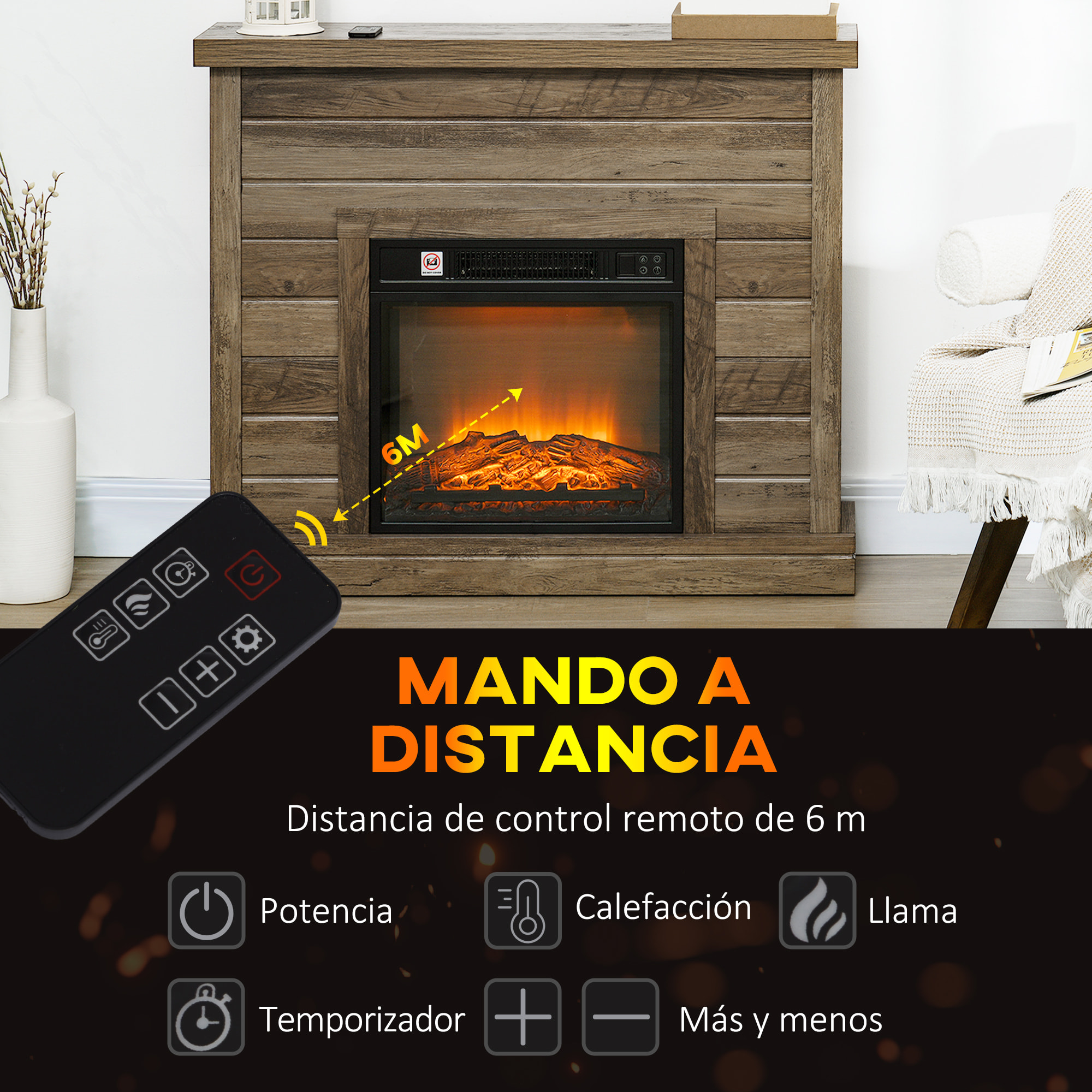 Chimenea Eléctrica, Chimenea Decorativa con Efecto de Llama, Calefacción 1800 W, Control Remoto, Temporizador Semanal, Protección Contra Sobrecalentamiento, Natural