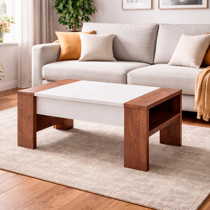 Tavolino Da Salotto Trasformabile Con Piano Sollevabile E Vano Contenitore Moderno Per Smart Working 98 x 50 x 43 Cm Colore Bianco E Noce