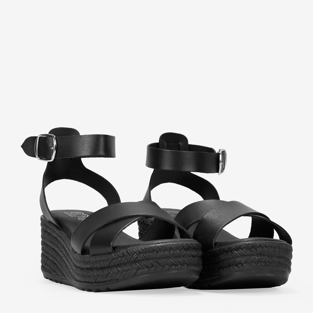 Sandalias de piel con cuña de esparto negras