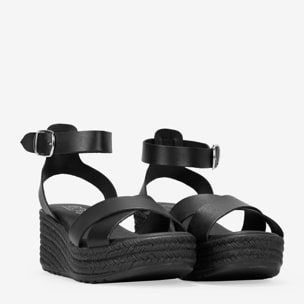 Sandalias de piel con cuña de esparto negras
