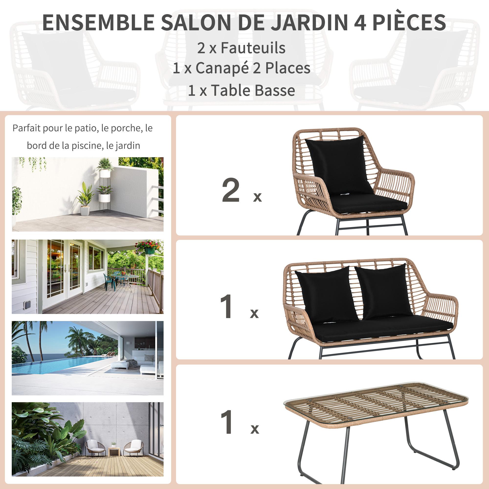 Salon de jardin 4 places 4 pièces style exotique métal époxy résine imitation bambou coussins grand confort inclus polyester noir