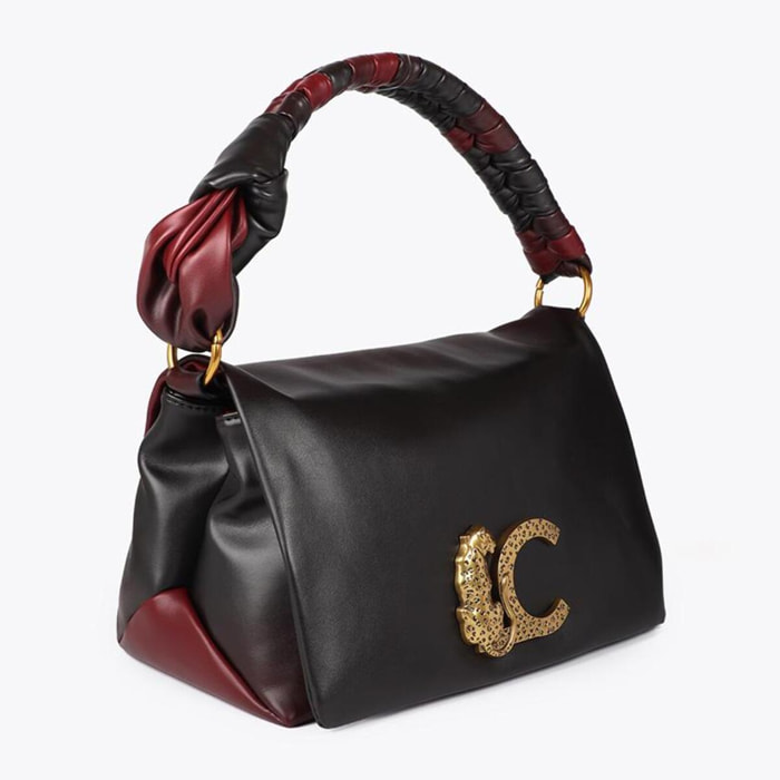 Borsa a tracolla con patta e manico annodato. Logo LC leopardo